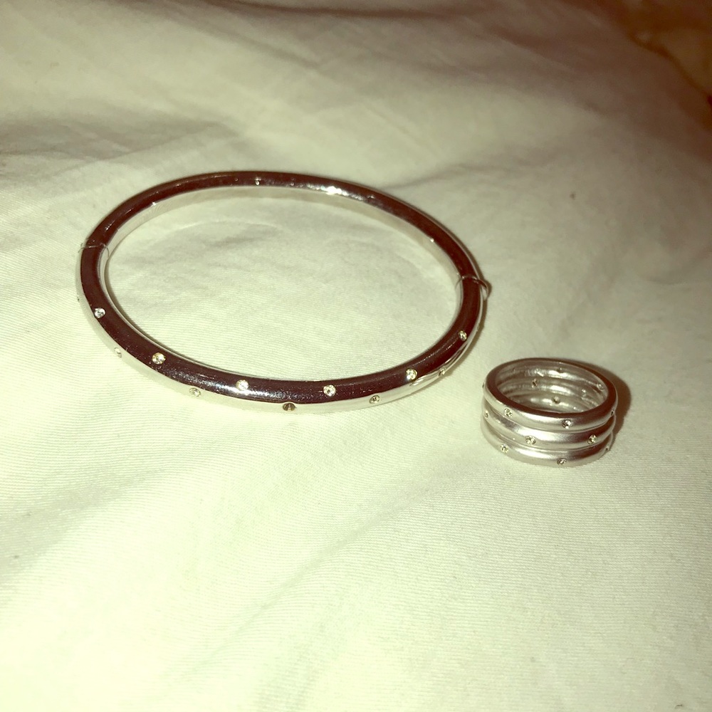 Silver Crystal Embellished Bracelet and Ring